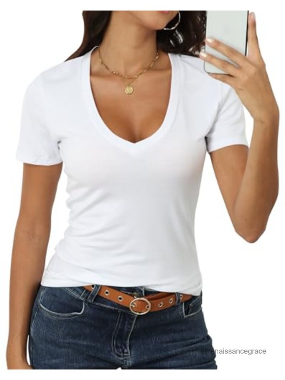 Women's Fitted Short Sleeve Deep V Neck T-Shirt Cotton Jersey Summer Tee